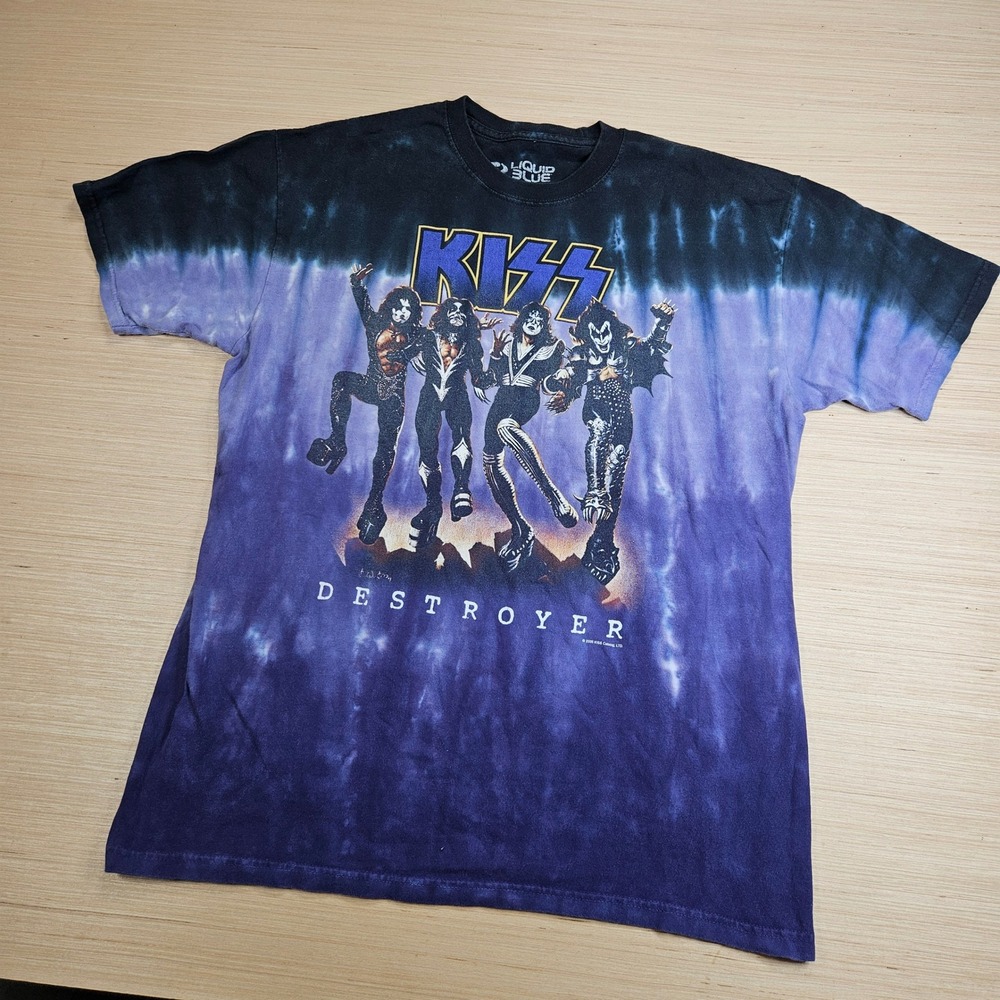 Liquid Blue KISS Destroyer T Shirt Mens L Purple Tie Dye Graphic Band Tee Rock